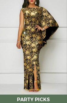 Floral Print Hot Stamping Golden Side Slit Dress