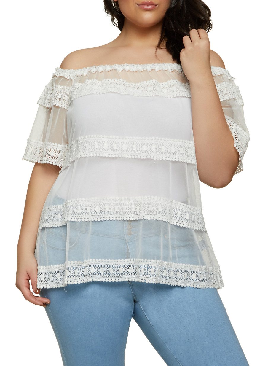 Plus Size Crochet Trim Mesh Off the Shoulder Top