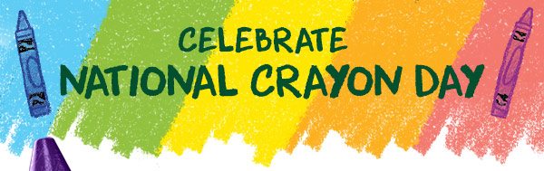 Celebrate national crayon day, with rainbow colored crayon background and blue and purple crayons