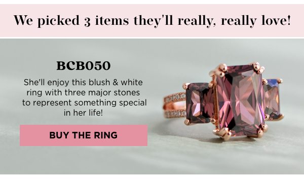She'll enjoy this blush & white ring with three major stones to represent something special in her life!