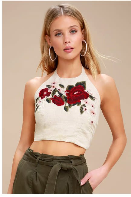 Off to the Races Beige Floral Embroidered Halter Top