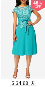 Lace Panel Cyan Cap Sleeve Dress