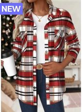 Red Patchwork Plaid Long Sleeve Turn Down Collar Coat