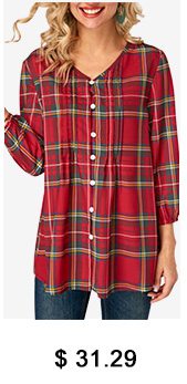 Blouson Sleeve Plaid Print V Neck Blouse