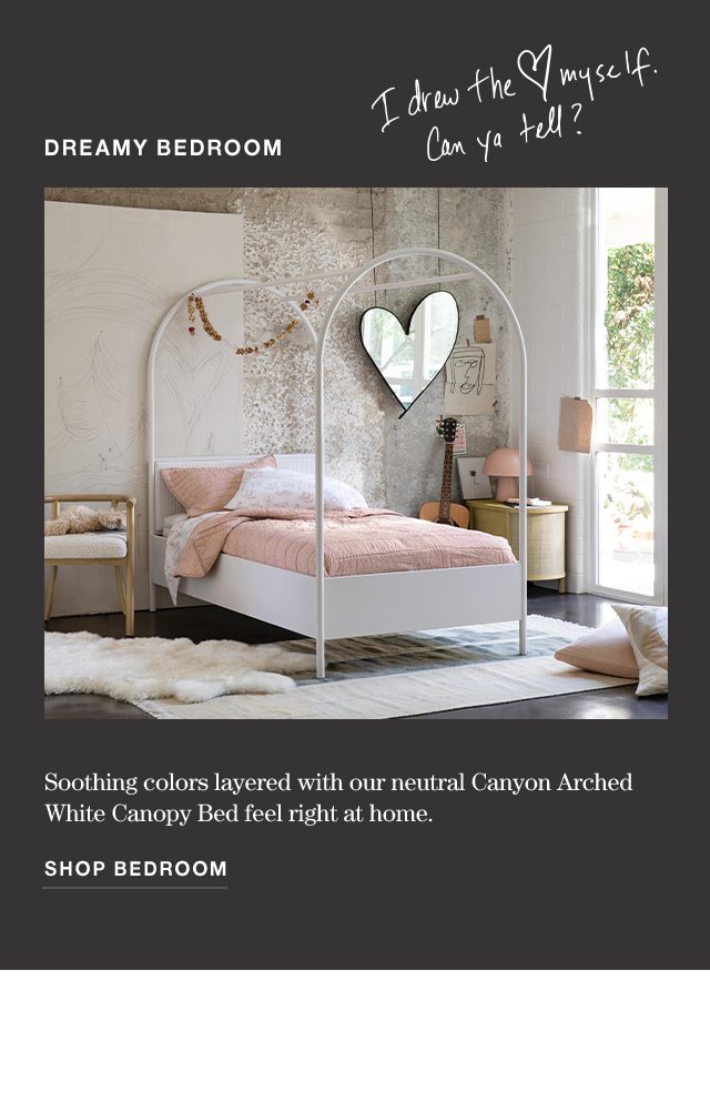 Dreamy bedroom Soothing colors layered with our neutral Canyon Arched White Canopy Bed feel right at home. shop bedroom