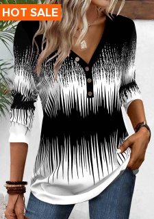 ROTITA Patchwork Ombre Black V Neck Long Sleeve T Shirt