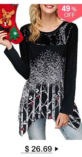 Asymmetric Hem Sequin Embellished Tree Print Christmas T Shirt