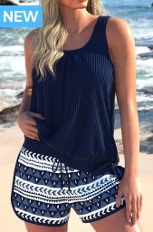 Bowknot Geometric Print Navy Tankini Set