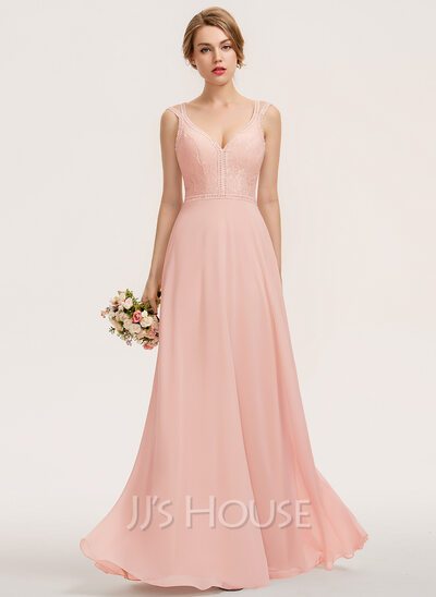 A-Line V-neck Floor-Length Chiffon Lace Bridesmaid Dress (00...