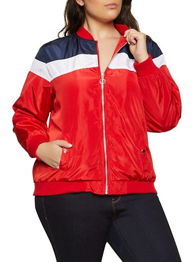 Plus Size Color Block Nylon Bomber Jacket