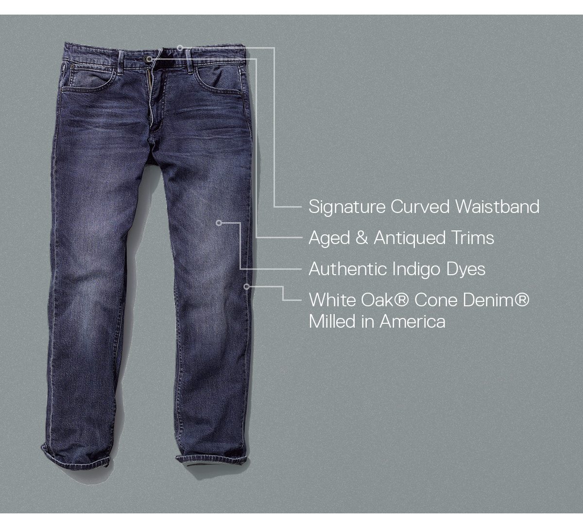 Signature Curved Waistband // Authentic Indigo Dyes // Aged & Antiqued Trims // White Oak® Cone Denim® Milled in America