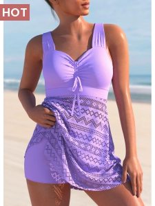 ROTITA Light Purple Lace Stitching Cross Strap Swimdress and Shorts