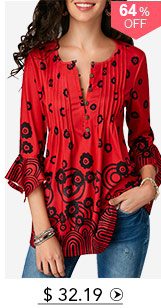 Pleated Button Detail Flare Sleeve Red Blouse