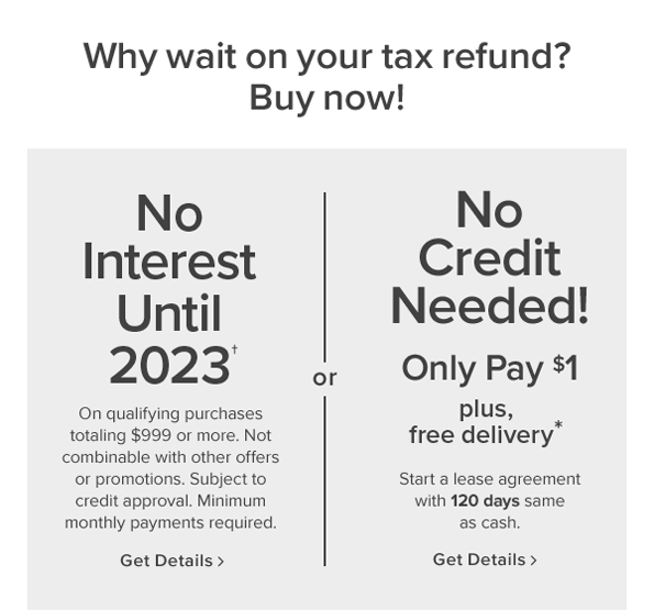 why wait on your tax refund? buy now! No interest until 2023. On qualifying purchases totaling $999 or more. Not combinable with other offers or promotions. Subject to credit approval. Minimum monthly payments required. get details. or No credit needed! only pay $1 plus 10% off. Start a lease agreement with 120 days same as cash. In stores only. get details