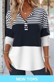 ROTITA Button Striped Navy Split Neck Long Sleeve Sweatshirt