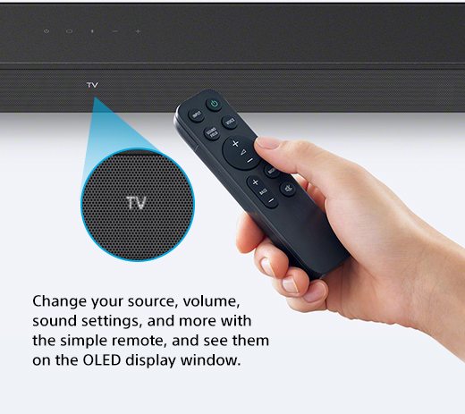 Change your source, volume, sound settings, and more with the simple remote, and see them on the OLED display window.