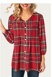 V Neck Plaid Print Button Up Blouse