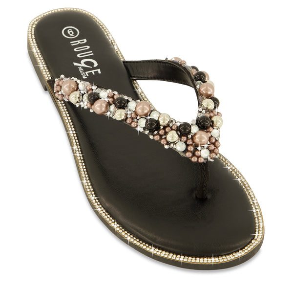 Rhinestone Trim Faux Pearl Thong Sandals