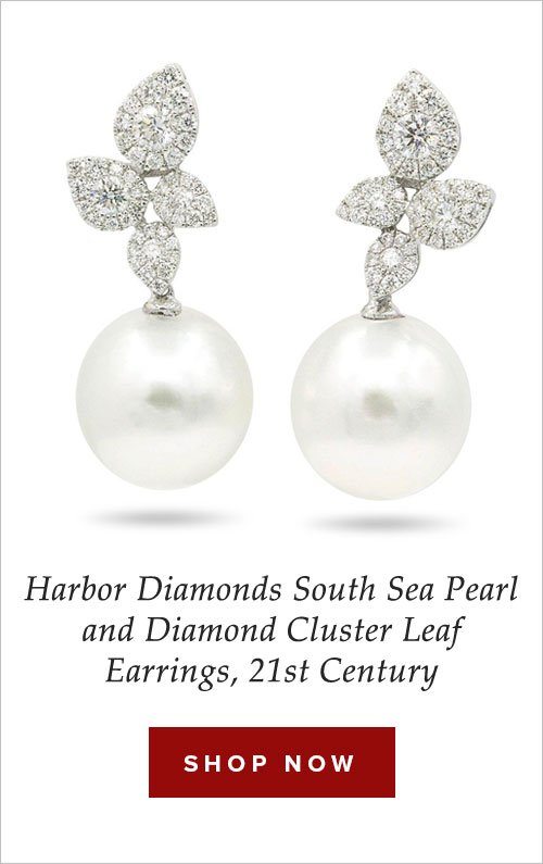 Harbor Diamonds South Sea Pearl and Diamond Cluster Leaf Earrings, 21st Century