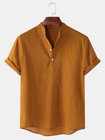 Mens Cotton linen Breathable Solid Color Short Sleeve Henley Shirts