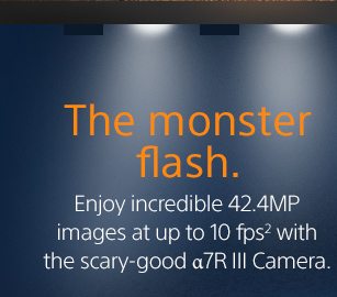 The monster flash. Enjoy incredible 42.4MP images at up to 10 fps(2) with the scary-good Alpha 7R III Camera.