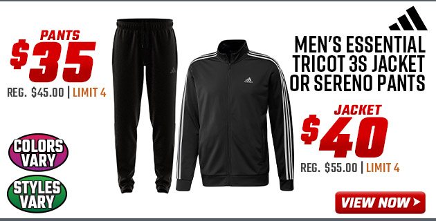 adidas Men's Essential Tricot 3S Jacket or Sereno Pants