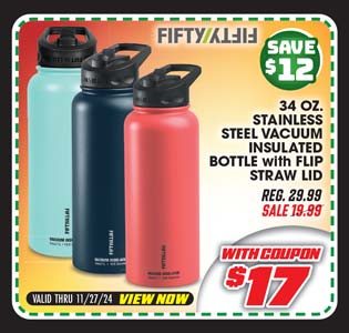 Fifty Fifty 34-oz. Stainless Steel Vacuum Insulated Bottle with Flip Straw Lid