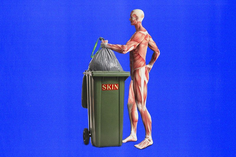 skeleton putting a bag of skin in the trash