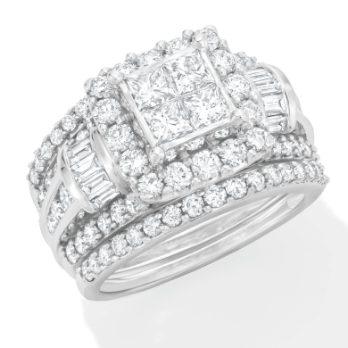 Diamond Bridal Set 3 carats tw Princess, Baguette & Round 14K White Gold