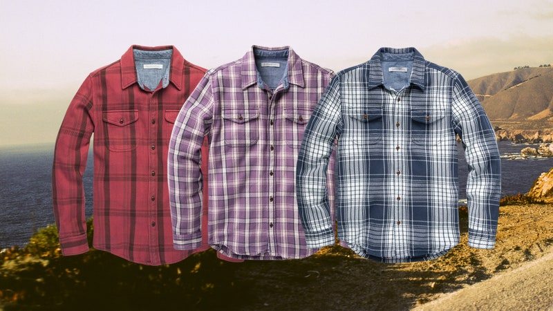 A collage of three different flannel shirts on a background of a cliff side beach at dusk
