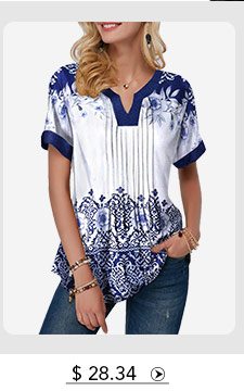 Short Sleeve Retro Print Split Neck Blouse