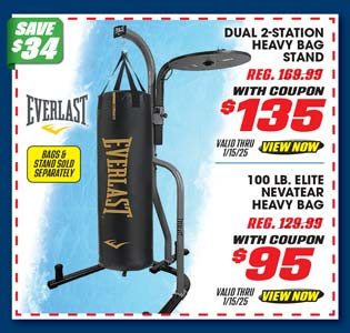 Everlast Dual 2-Station Heavy Bag Stand or 100 lb. Elite Nevatear Heavy Bag