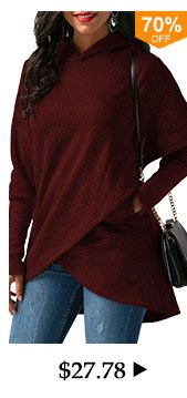 Asymmetric Hem Long Sleeve Wine Red Pocket Hoodie