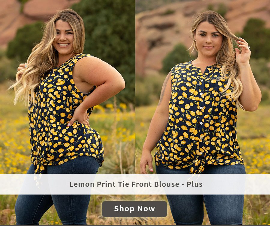 Lemon Print Tie Front Blouse - Plus