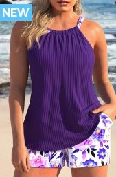 Ruched Floral Print Dark Purple Tankini Set