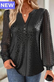 Black Jacquard Long Sleeve Split Neck Blouse