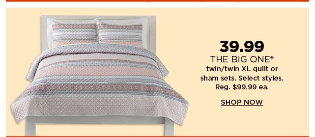39.99 the big one twin or twin XL quilts and sham sets. select styles. regularly $99.99. shop now.