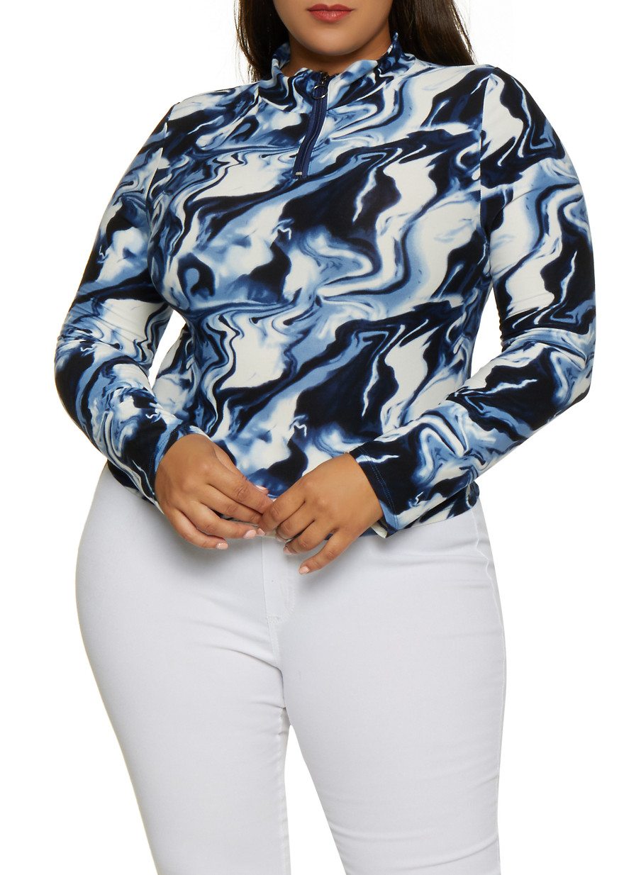 Plus Size Tie Dye Zip Mock Neck Top