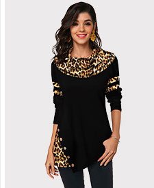 Leopard Print Button Detail Long Sleeve T Shirt 