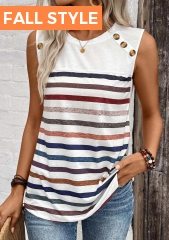 ROTITA Button Striped White Round Neck Tank Top