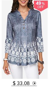 Split Neck Button Detail Printed Pleated Blouse