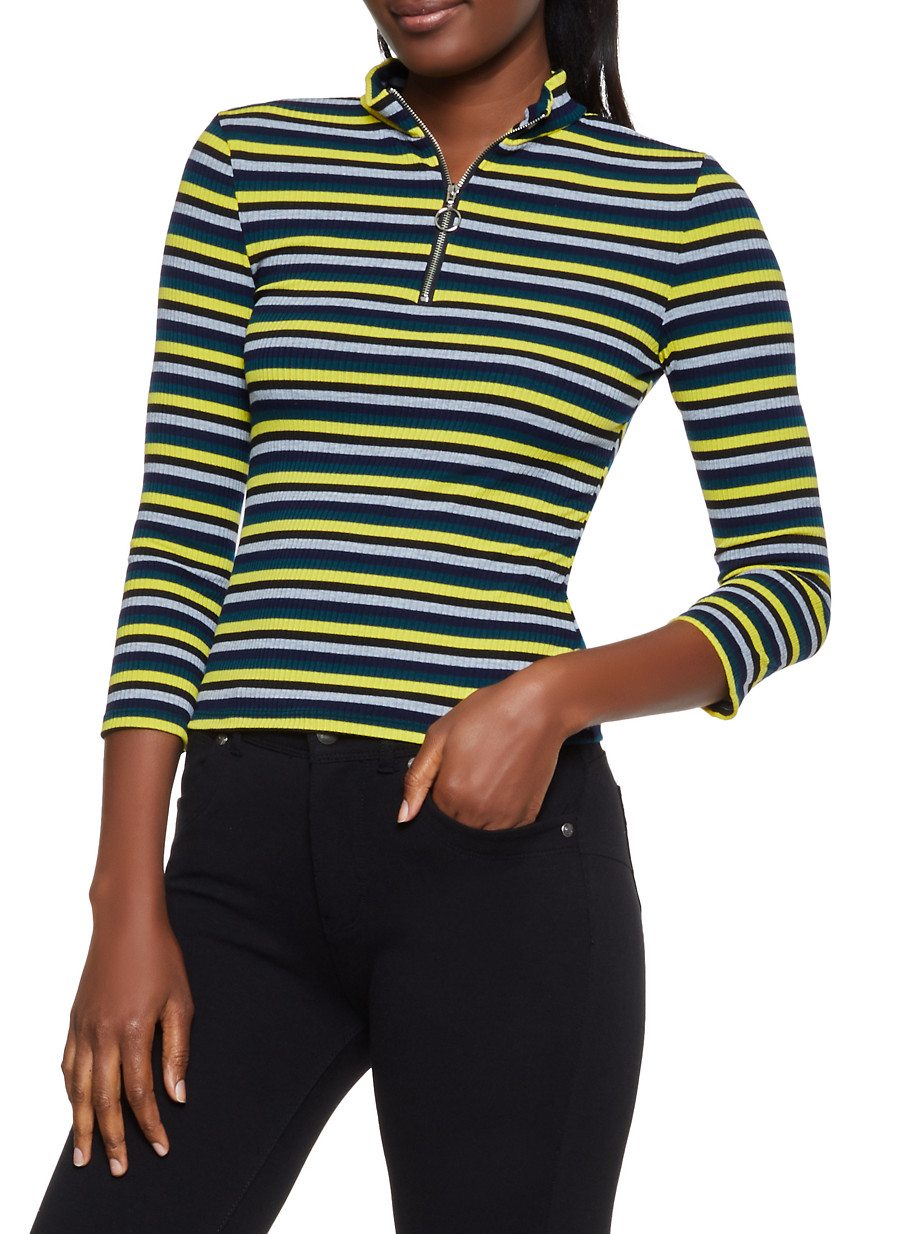 Striped Zip Neck Rib Knit Top