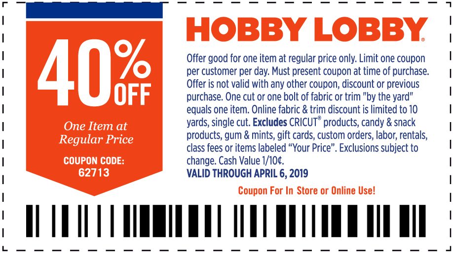 40% Off One Item At Regular Price. Valid through April 6, 2019. *See Full Coupon For Details