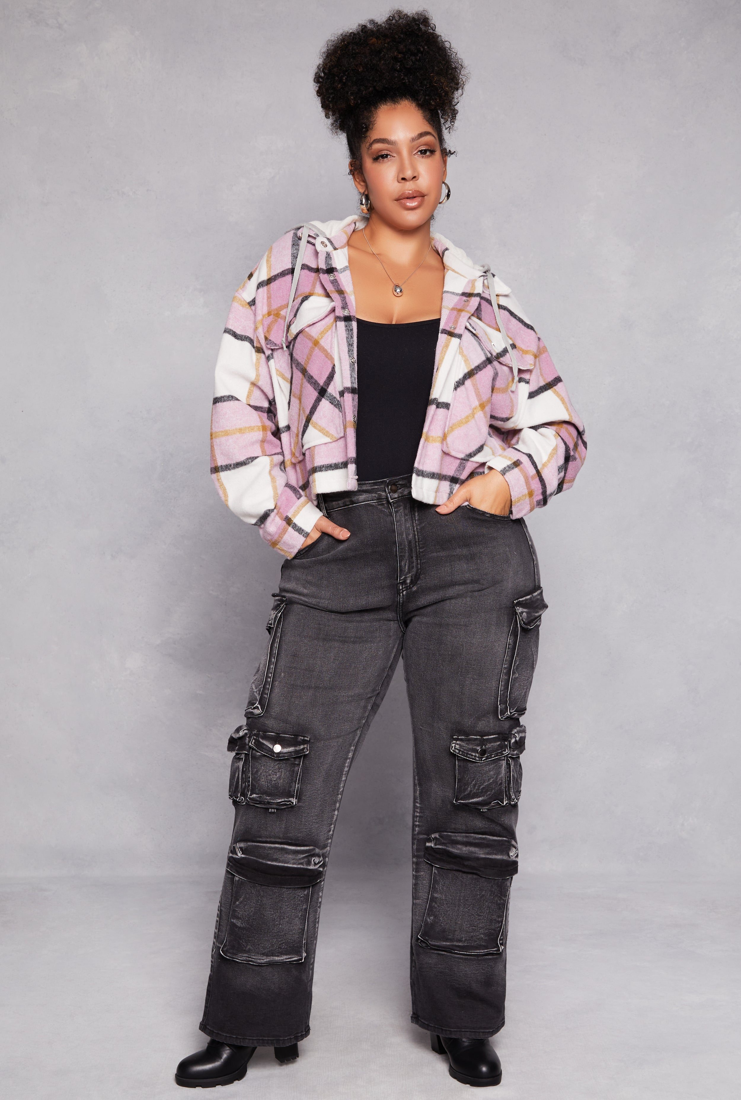 Plus Size Spoon Jeans Plaid Hooded Crop Shacket