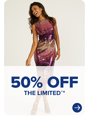 A woman in a purple dress. 50% off The Limited.