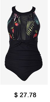 Ruched Tropical Print Black One Piece Swimwear