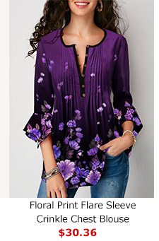 Floral Print Flare Sleeve Crinkle Chest Blouse 