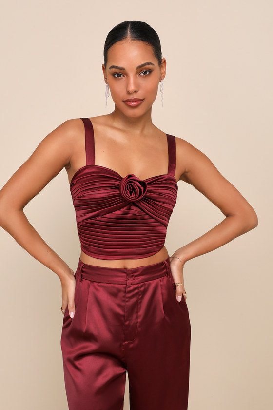 Image of Flawless Behavior Burgundy Satin Pleated Rosette Tank Top