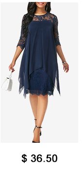 Three Quarter Sleeve Chiffon Overlay Navy Lace Dress