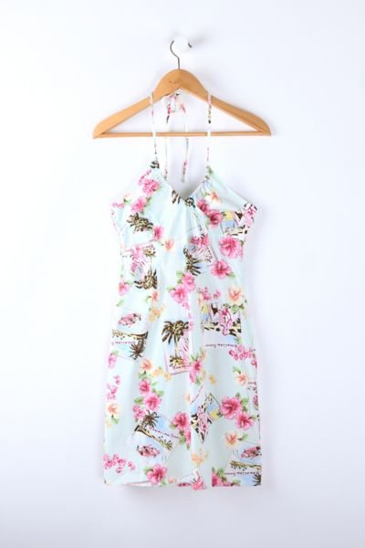 Vintage Y2k Tropical Printed Halter Mini Dress